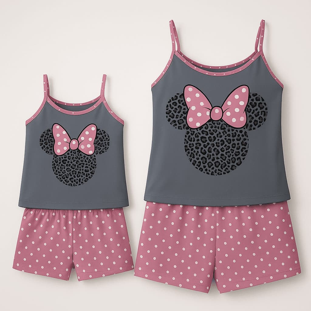 Kit Baby Doll Mãe e Filha Minnie Malha Premium Pijama Curto Promoção Verão Alcinha Short Doll