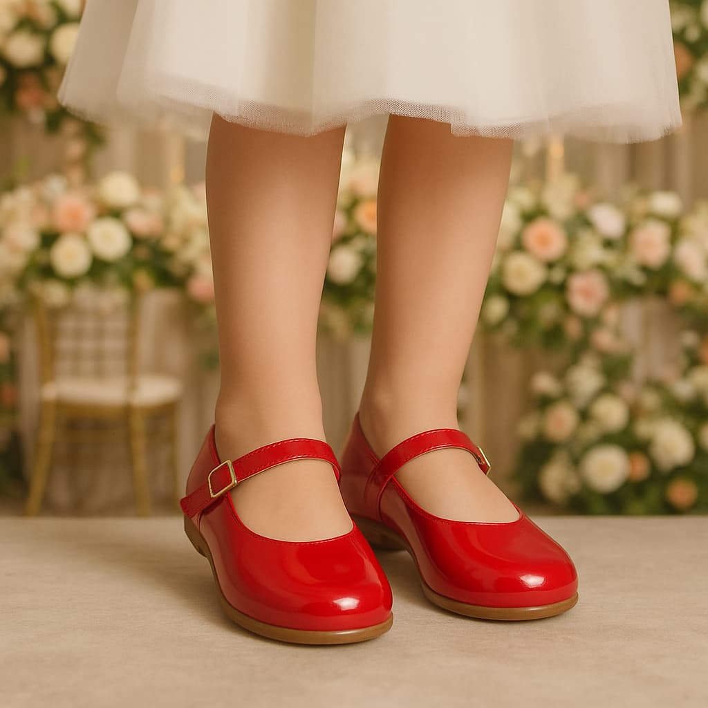 Sapatilha Vermelho Infantil Criança Menina Sapato de Boneca Macia Social Abotoar Fechado Lisa Verniz