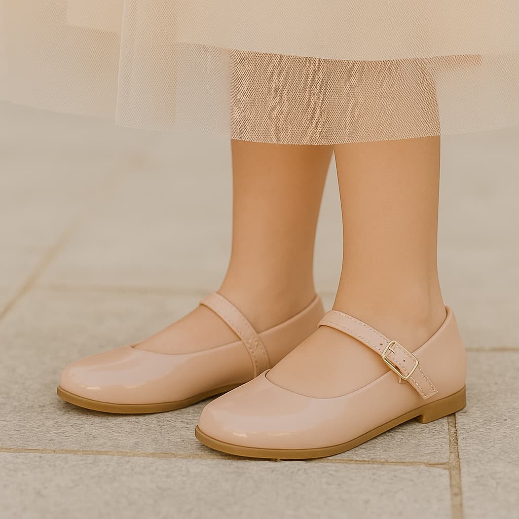 Sapatilha Nude Infantil Criança Menina Sapatinho de Boneca Macia Social Abotoar Fechado Lisa Verniz Festa Dama de Honra