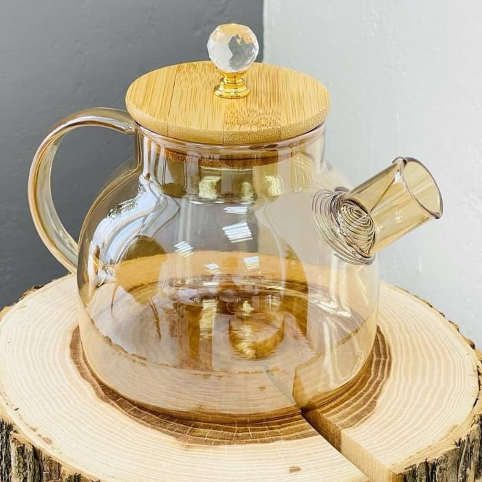 Chaleira de Vidro Âmbar Borossilicato vai ao fogo com Tampa de Bambu com Cristal