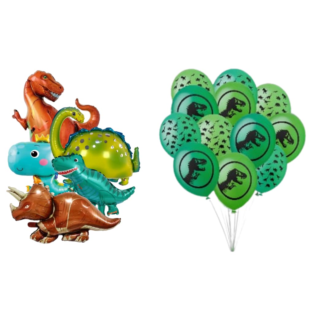 Balão Bexiga 25 uni Dinossauro + Balões Metalizados Dinossauros 5 uni Aniversário Festa
