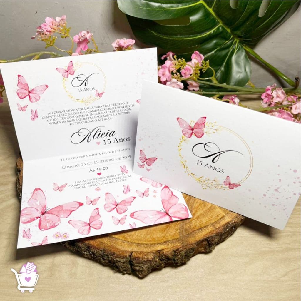 Convite Borboleta Rosa - Delicadeza para 15 Anos e Batizados