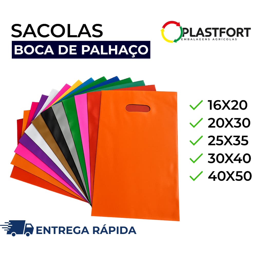 100 Sacolas Boca de Palhaço 16x20, 20x30, 25x35, 30x40 e 40x50 Sacolinhas Alça Vazada Várias Cores