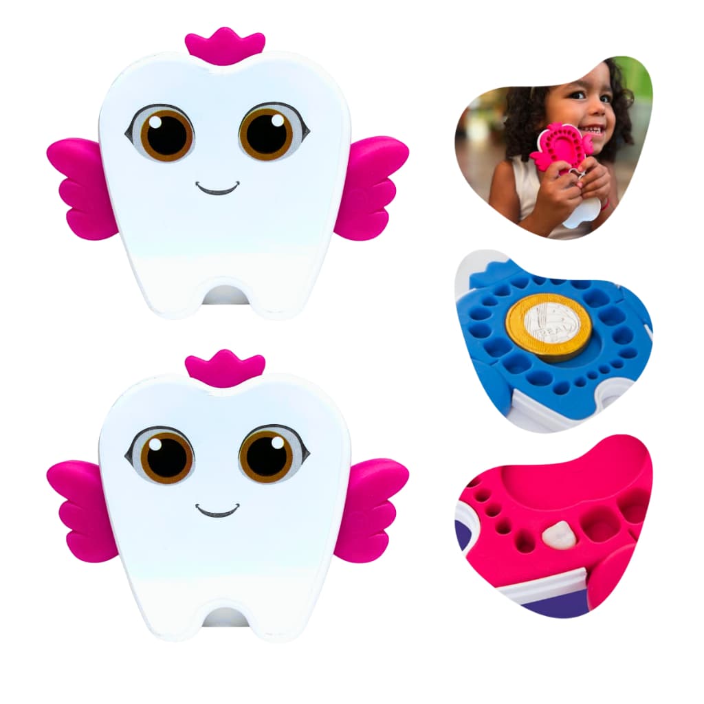 Kit 2 Unidades Porta Dente De Leite Rosa Infantil Porta Moedas E Aplicativo