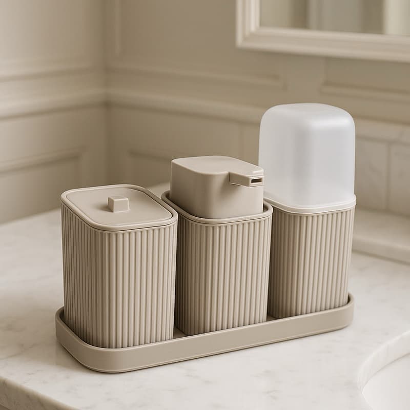 Kit 3 Acessórios Banheiro com Bandeja Dispenser Sabonete Líquido Porta Algodão e Porta Escovas Envio Imediato