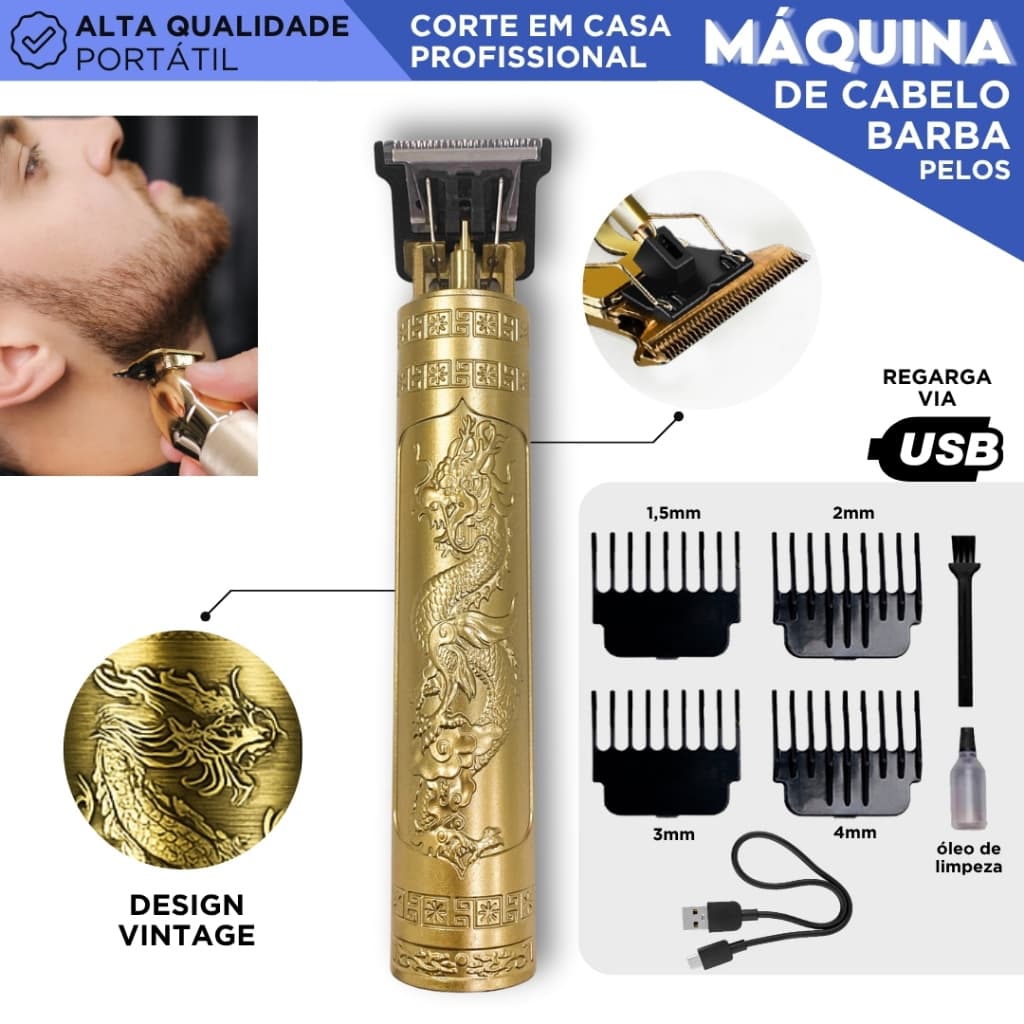 Máquina de Cortar Cabelo e Barba Profissional Recarregável USB Dragão 4 Pentes Lâmina de Aço - CHAI
