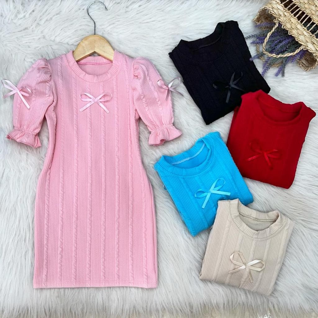 Vestido Manga Princesa com Laço Central Para Meninas Elegantes Manga Curta