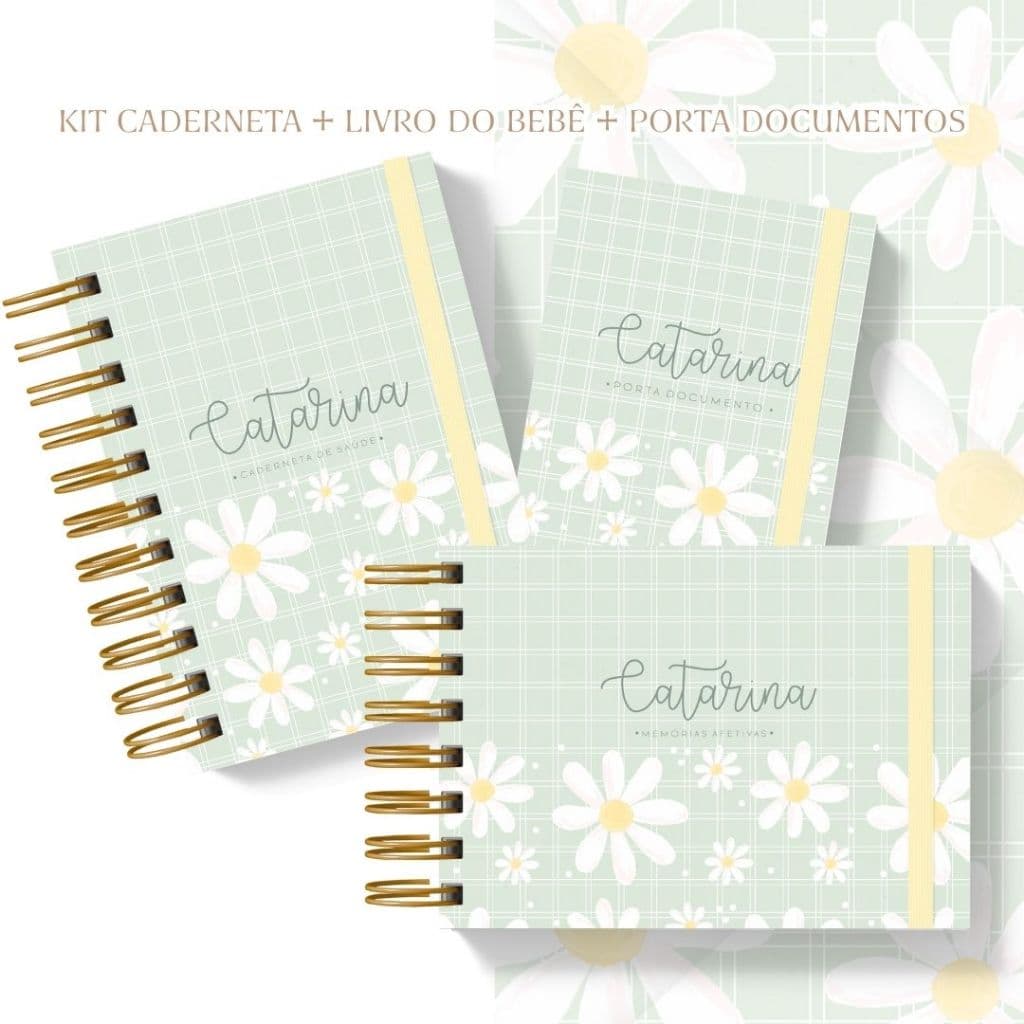 Caderneta de Saúde/Vacina - Livro do bebê - Kit Maternidade- Margaridas Verde - Mininalista - Personalizado - Menina