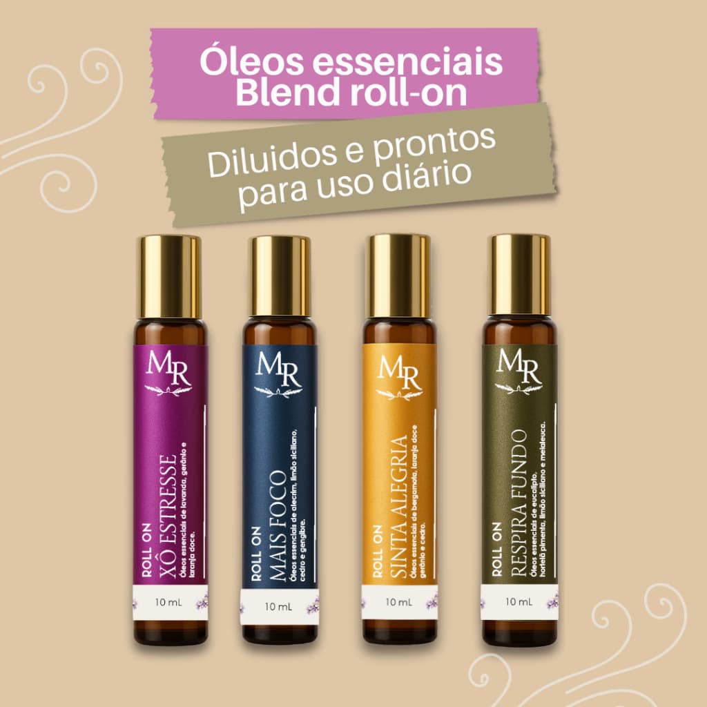 Kit Blends de Óleos Essenciais Roll-On 10 ml - Foco, Alegria, Relaxante e Respiração - Aromaterapia