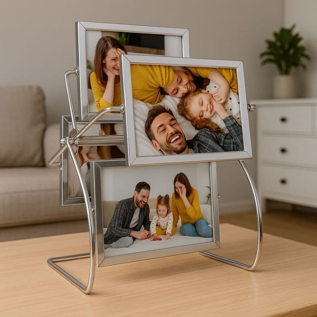 Porta Retrato Roda Gigante Luxo | Metal Cromado Giratório 8 Fotos 10x15 Decoração