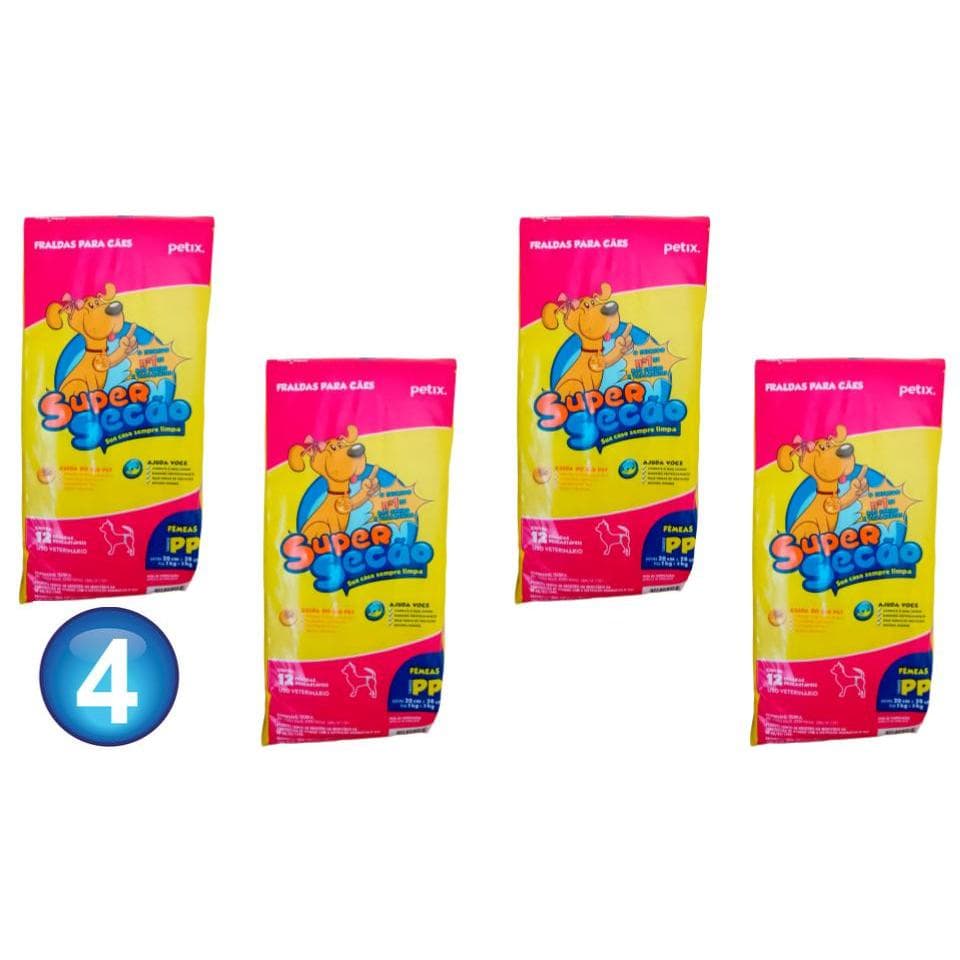 Kit com 4 Pacotes Fralda Descartável Super Secão Para Cães Fêmeas Tamanho PP 48 unidades