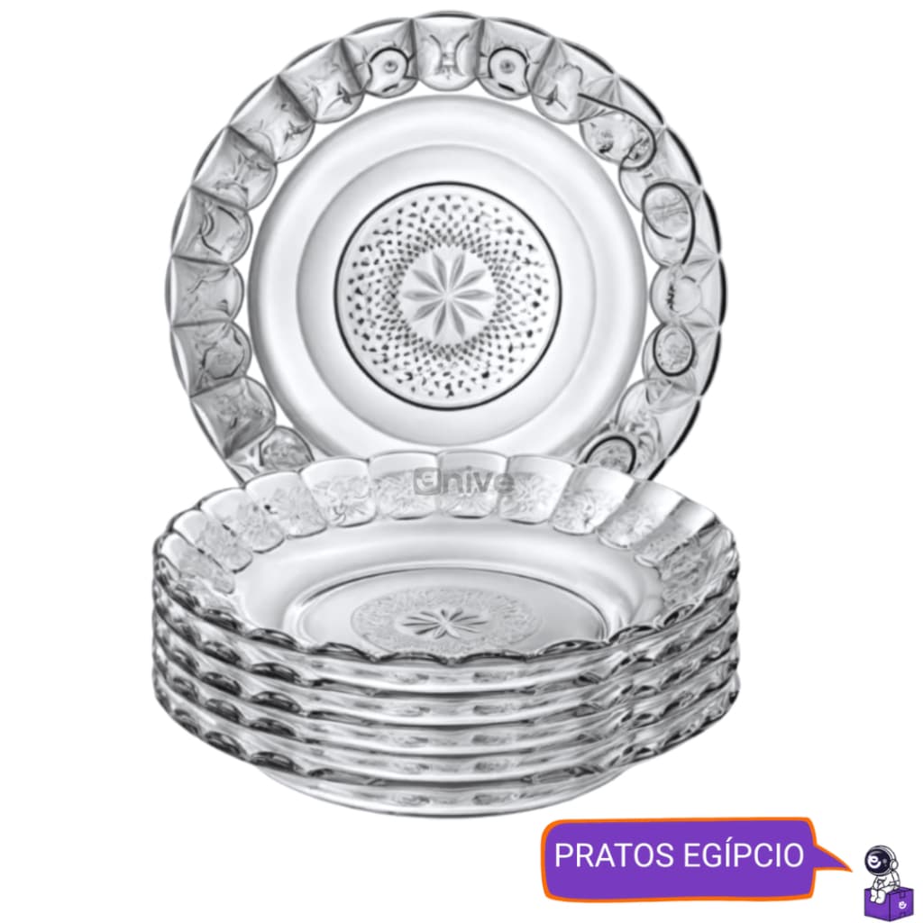 Kit Até 12 Pratos Fundo Egípcio de Vidro Reforçado Transparente Sofisticado Borda Estrela 22cm