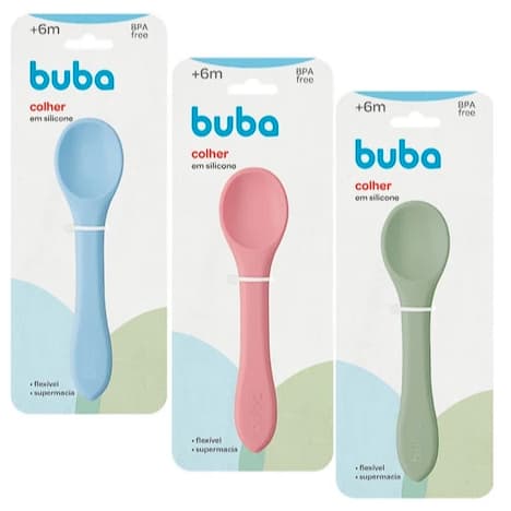 Colher Infantil para Introdução Alimentar em Silicone Flexível  Supermacia Buba 3 Cores