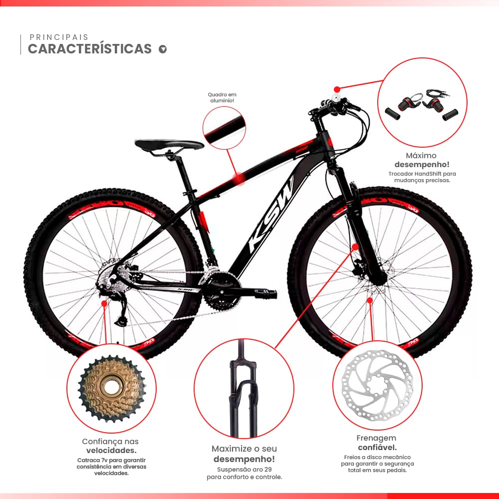 Bicicleta Aro 29 Ksw XLT 100 Alumínio 21 Velocidades Freios a Disco Com Suspensao MTB