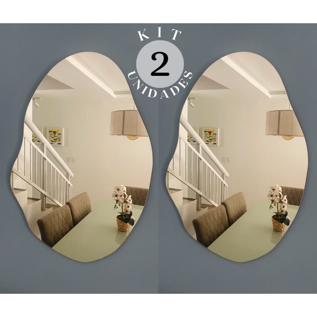 Kit 2 Espelhos Decorativo Organico 60x40 Sala, Quarto e Banheiro com Suporte e Fita Decoração Luxo