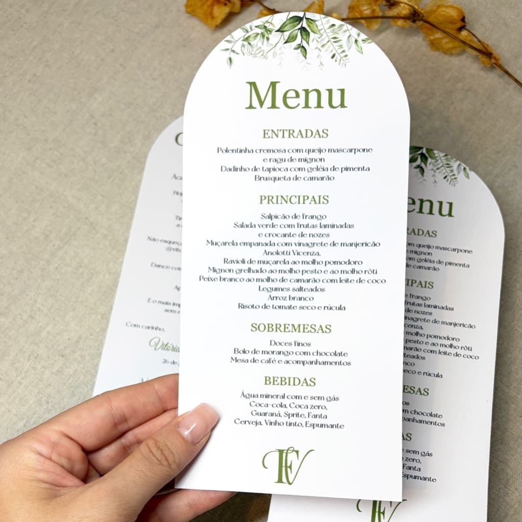 Cardápio Menu para Casamento Folhagem- pode ser feito para 15 anos, festas, corporativo