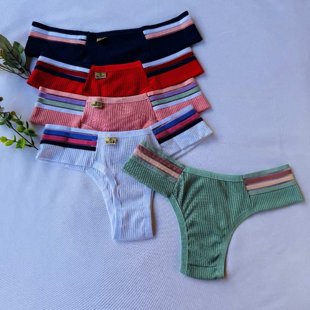 Kit Calcinhas Canelada Feminina Básica Tanga Canelada Conforto Cós Elástico Firme Elástico Listra
