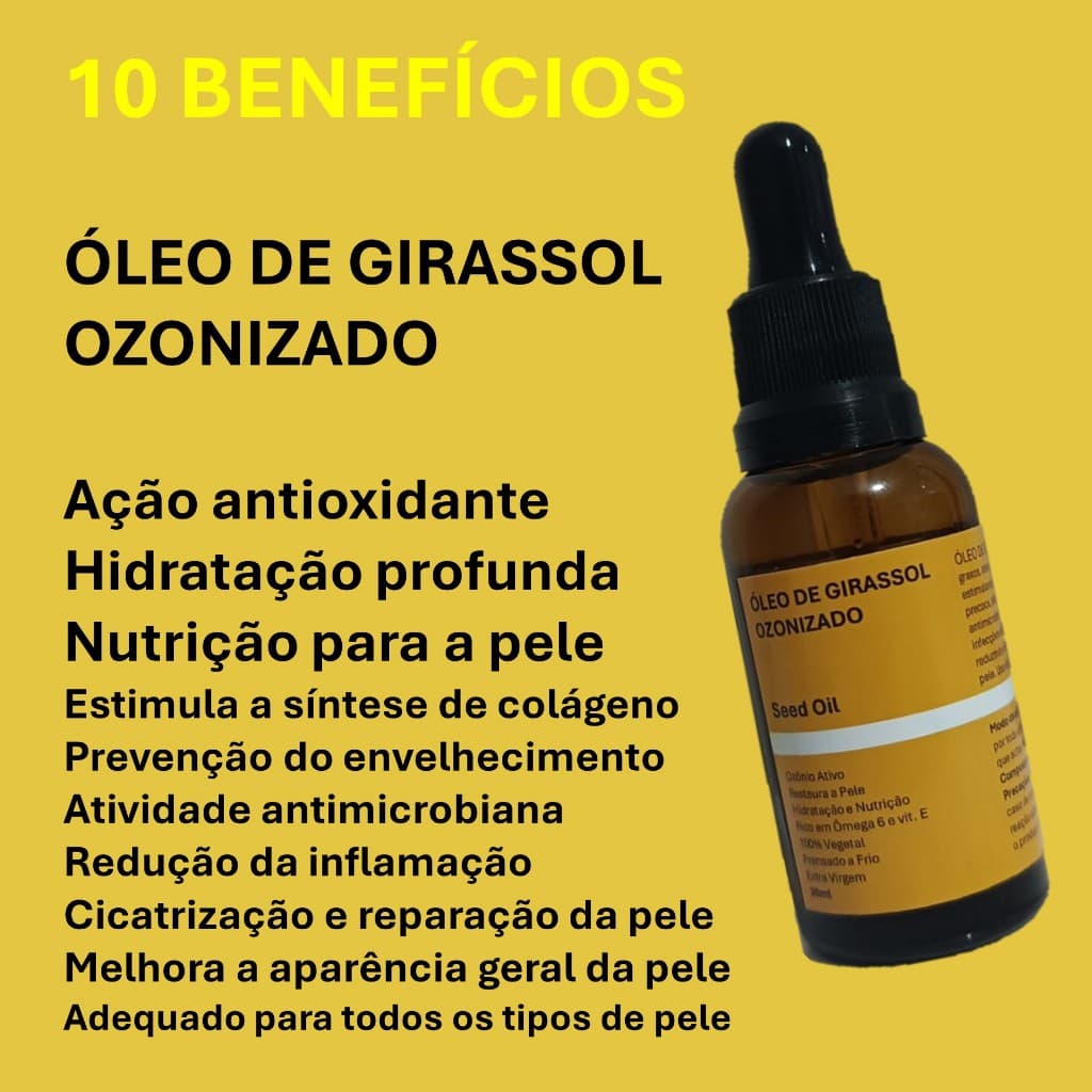Óleo De Girassol Ozonizado Ozônio Ativo 100% Vegetal Para Manchas Acnes, Cicatriz Anti Estrias 30ml