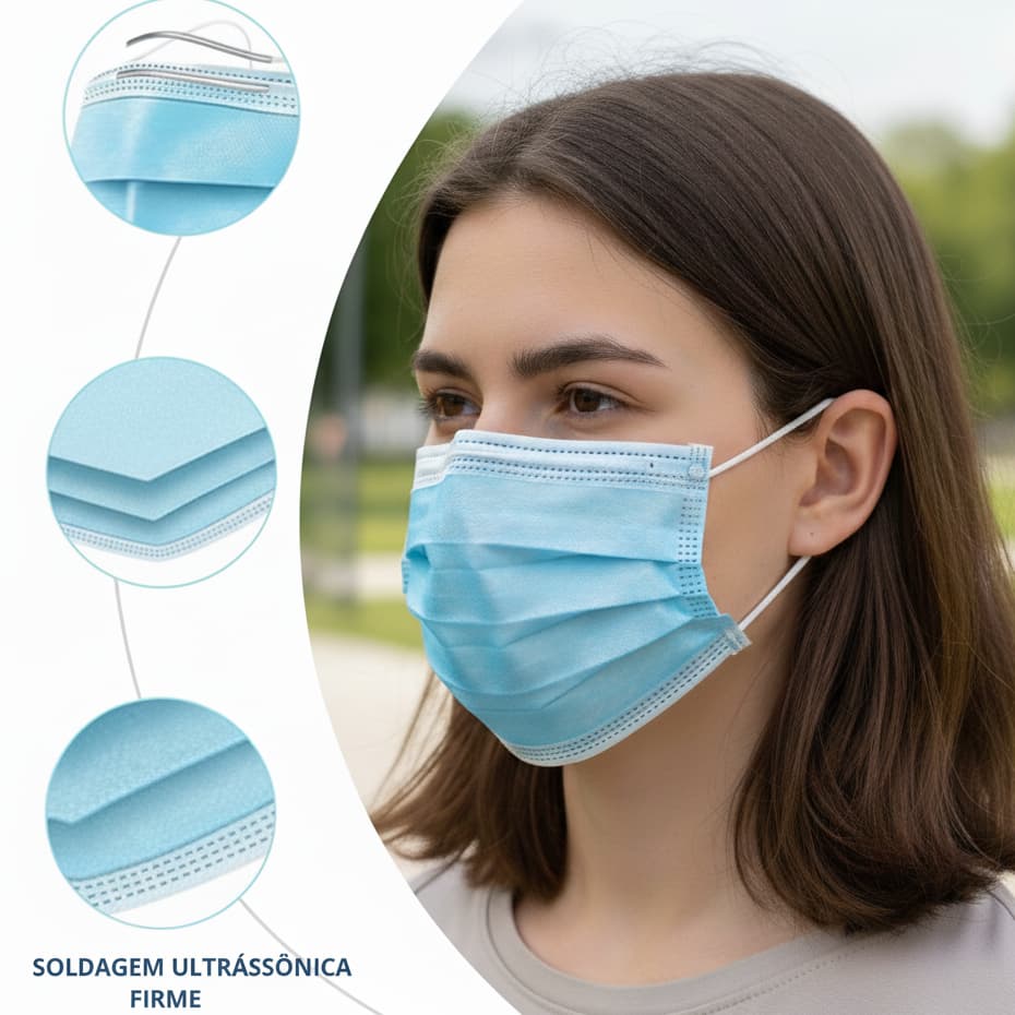 Máscara Cirúrgica Descartável 50 Unidades Tripla Camada com Elástico Proteção Facial Adulto