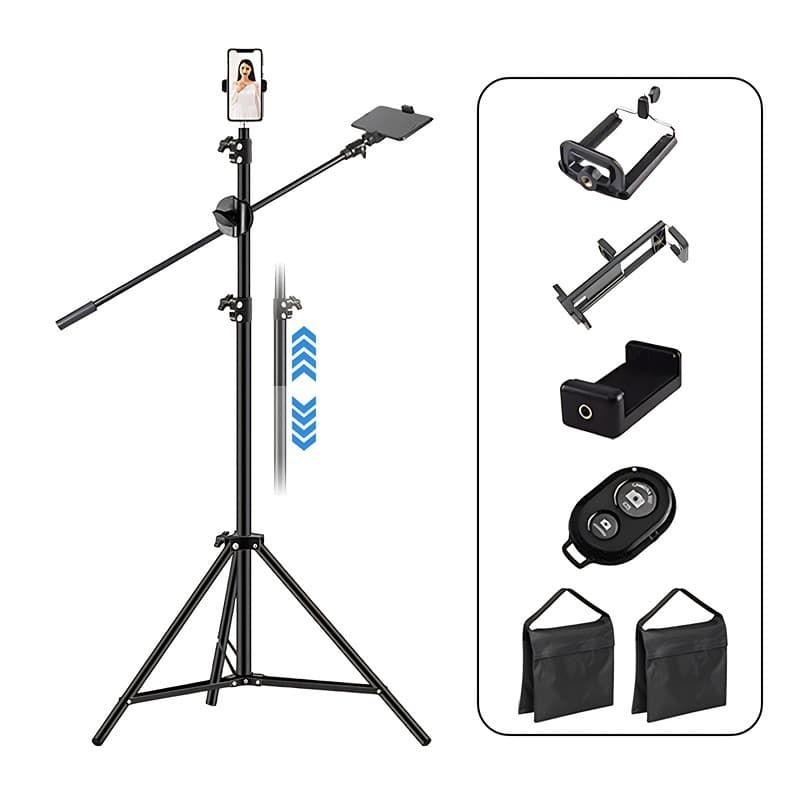 Tripé Girafa p/ Vista de Cima, Estabilização, 2 Pesos de Areia, 3 Suportes p/ Celular/Tablet