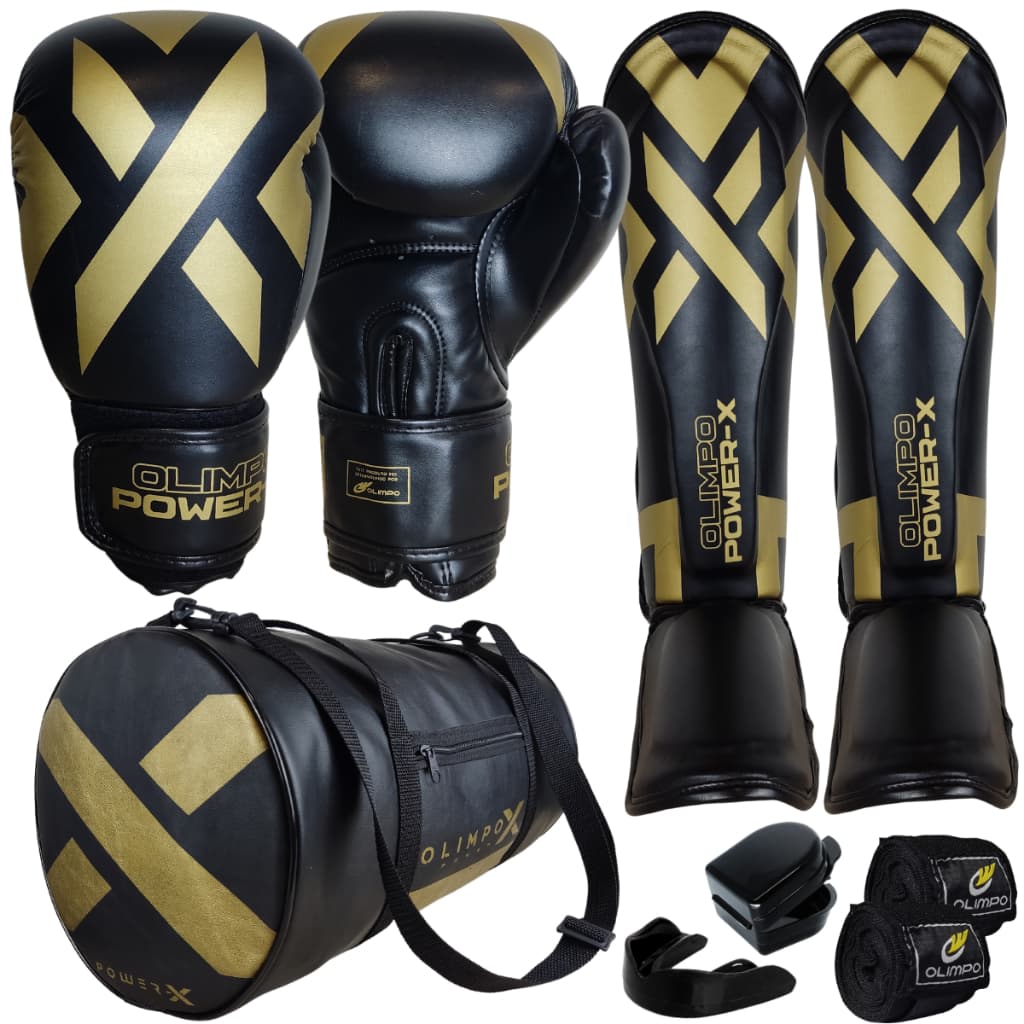 Kit Muay Thai Luva + bolsa + caneleira + bandagem 5M + case + bucal Power-X Edition Olimpo Esportes