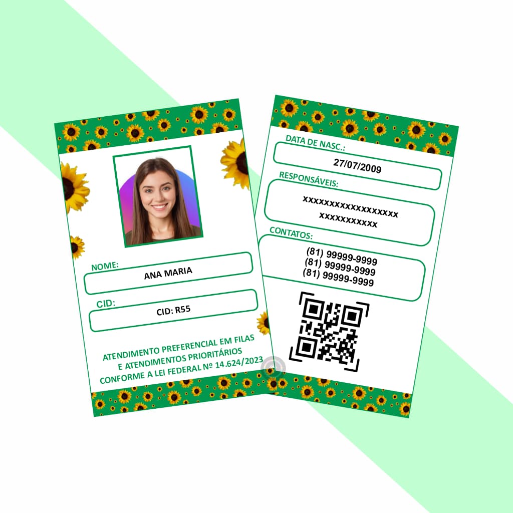 Kit Crachá PVC Girassol com Laudo Cordão Crachá Personalizado Deficiência Oculta