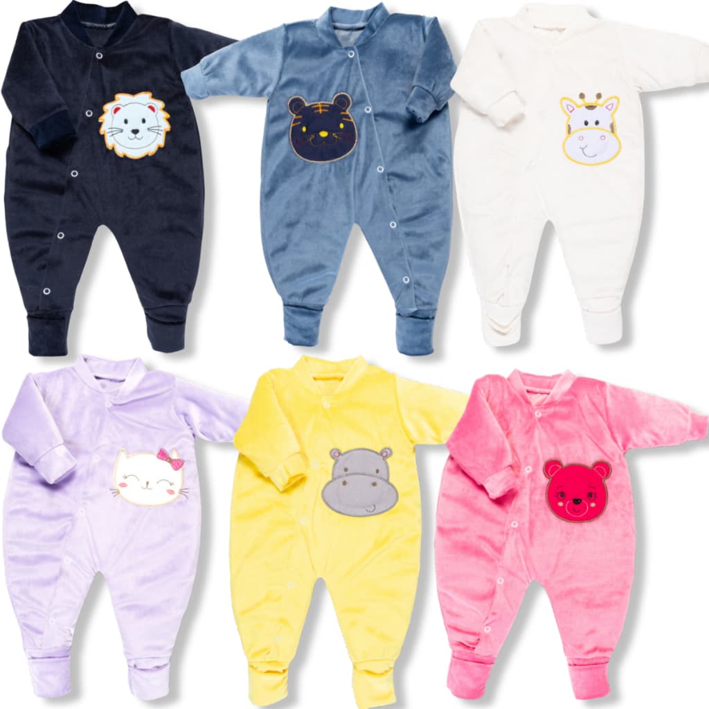 Kit 3 Peças Macacão Plush Bordado 3D Veludo Macio Menino E Menina