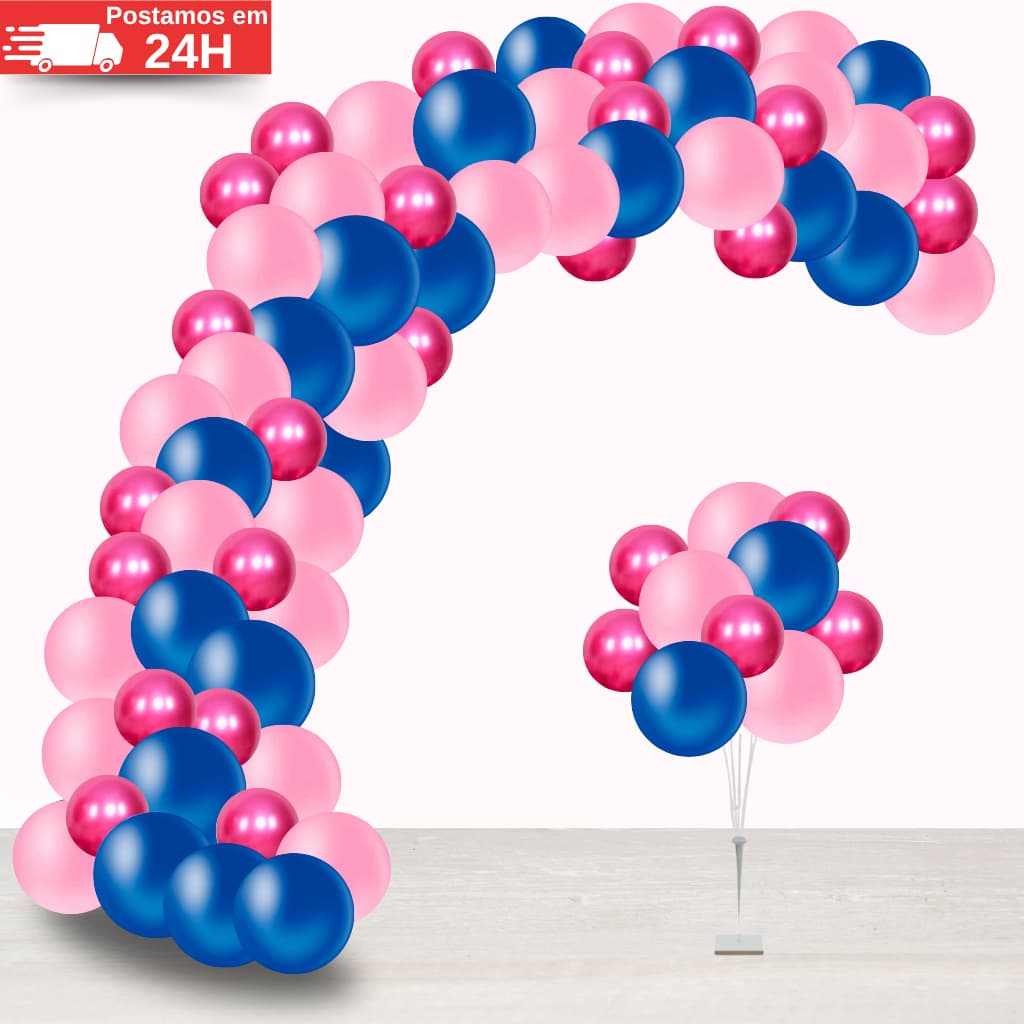 Kit 125 Balões Festa Azul Escuro + Rosa + Pink Cromado/Metalizado Balão Bexiga Festas e Aniversários