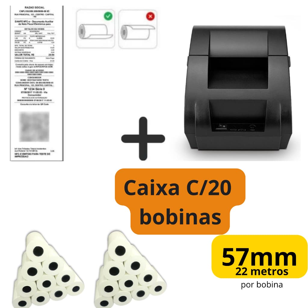 Mini Impressora Bluetooth Termica 58mm + 20 Bobinas Lisa