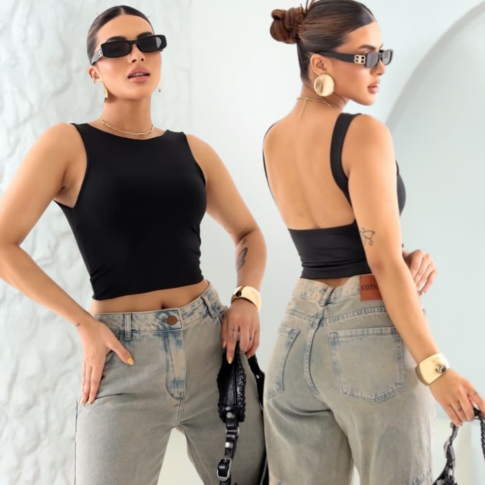 Cropped Feminino Blusa Regata Com Alça Costa Nua Decote Redondo Suplex Forro Duplo Verão Casual