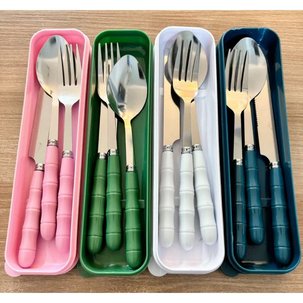 Jogo Talher Inox Estojo 3 Peças Vem 1 Garfo+1 Faca+1 Colher, Para Marmita, Viagem