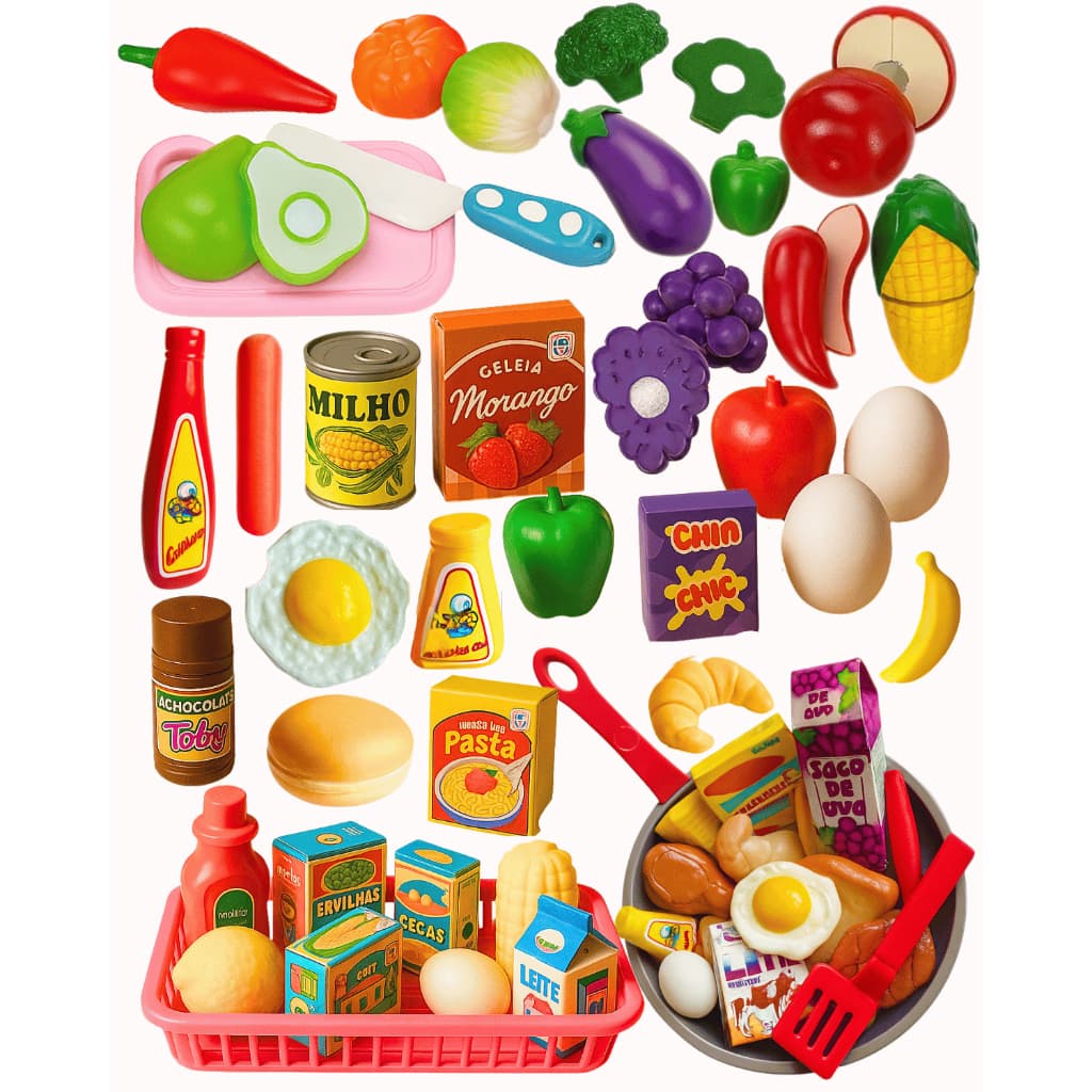 Cesta Mercado Frutas e Legumes de Cortar com Velcro + Frigideira C/ Comidinhas de Brinquedo Infantil