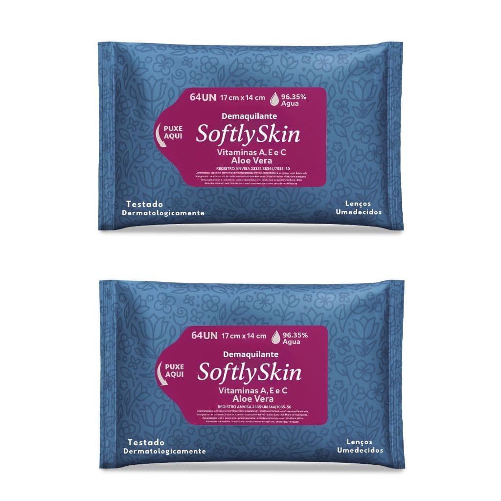 128Un Lenço Demaquilante Vitamina Umedecido Softly Skin  – 2 pacotes com 64 - 128 Unidades