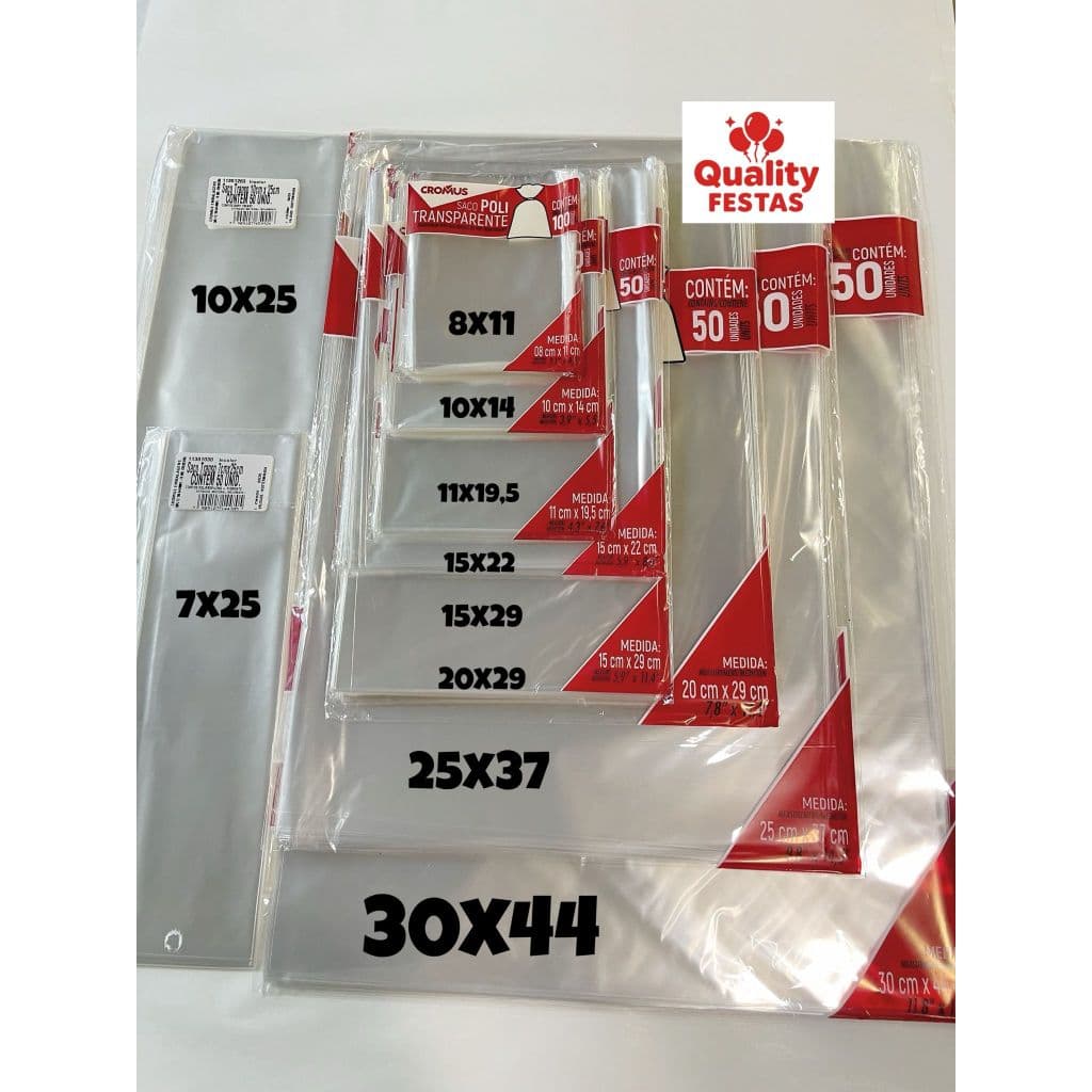 Saco de Celofane Transparente Cromus Para Presente 7x25/10x25/8x11/10x14/11x19,5/15x22/15x29/20x29/25x37/30x44 c/50un.