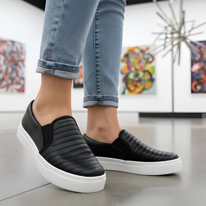 Promoção Tênis Slip On Feminino Calce Fácil Listras Conforto