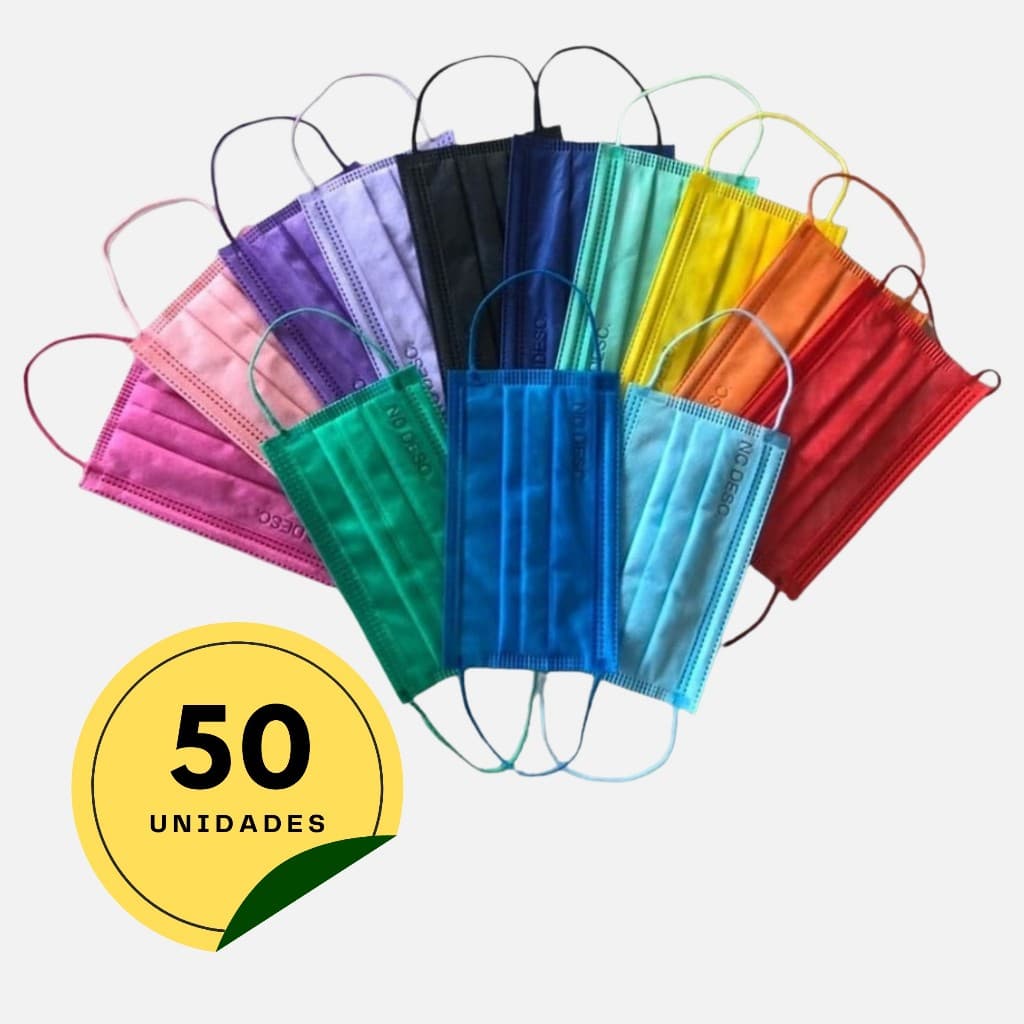 Máscara Tripla Camada Proteção 50un Descartável Cores Sortidas C/ Elástico Colorido Variado