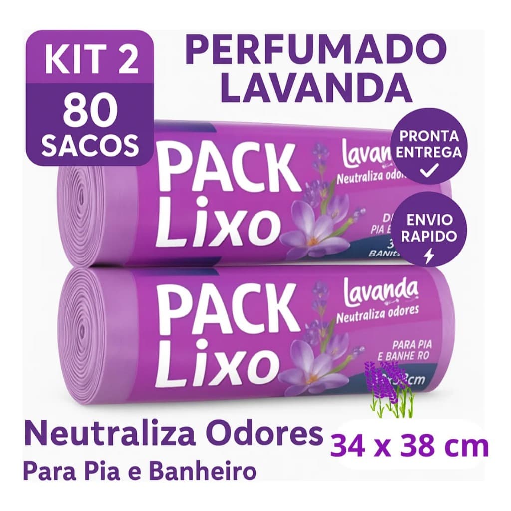 Saco de lixo Perfumado lavanda - Kit 2 rolos Pia e Banheiro 80un Neutraliza Odores cheiroso