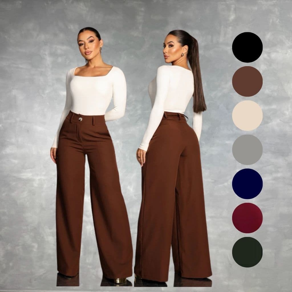 Calça Pantalona Feminina Alfaiataria Premium COM BOLSO - Social Cintura Alta - Tendencia Wide Leg Elegante + Livro