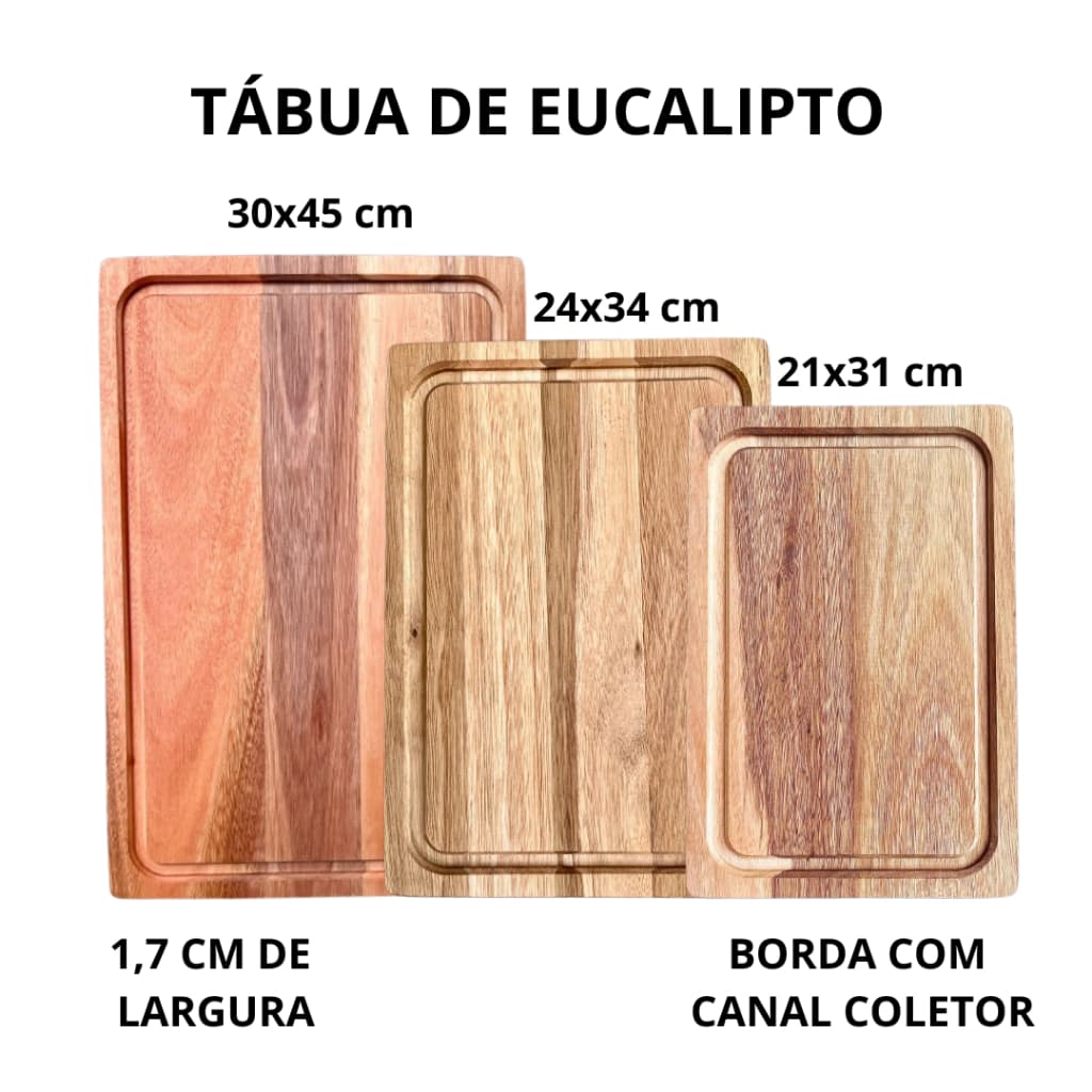 Tábua de Churrasco Corte de Carne Legumes Frutas em Madeira Eucalipto Grande Retangular