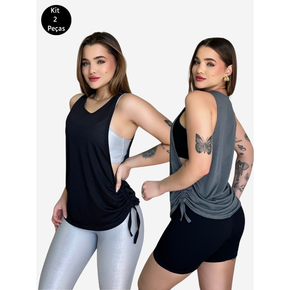 Kit 2 Blusas Dry Fit Feminina Fitness Decote Lateral Tapa Bumbum Top Regata Treino Academia