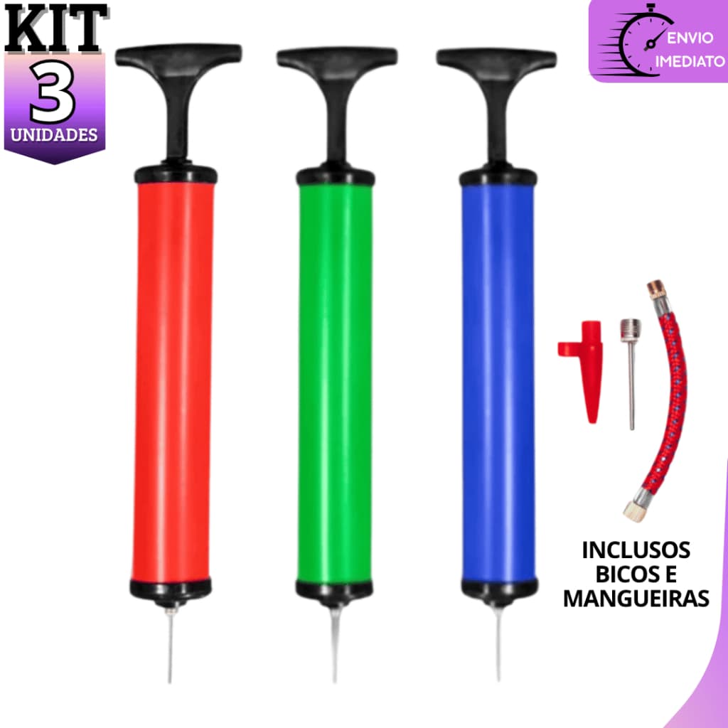 Bomba de Ar Manual 10 Para Encher Bolas Piscina Futebol Vôlei Basquete Boias Kit 3 Peças com Bicos