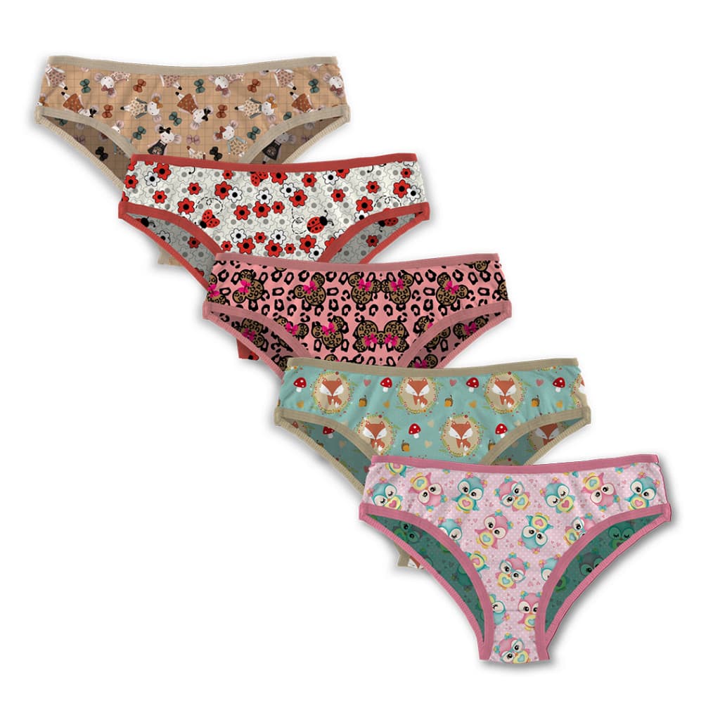 Kit 5 Calcinhas Feminina Infantil Tecido Microfibra Com Forro de Algodão Estampada Confortável