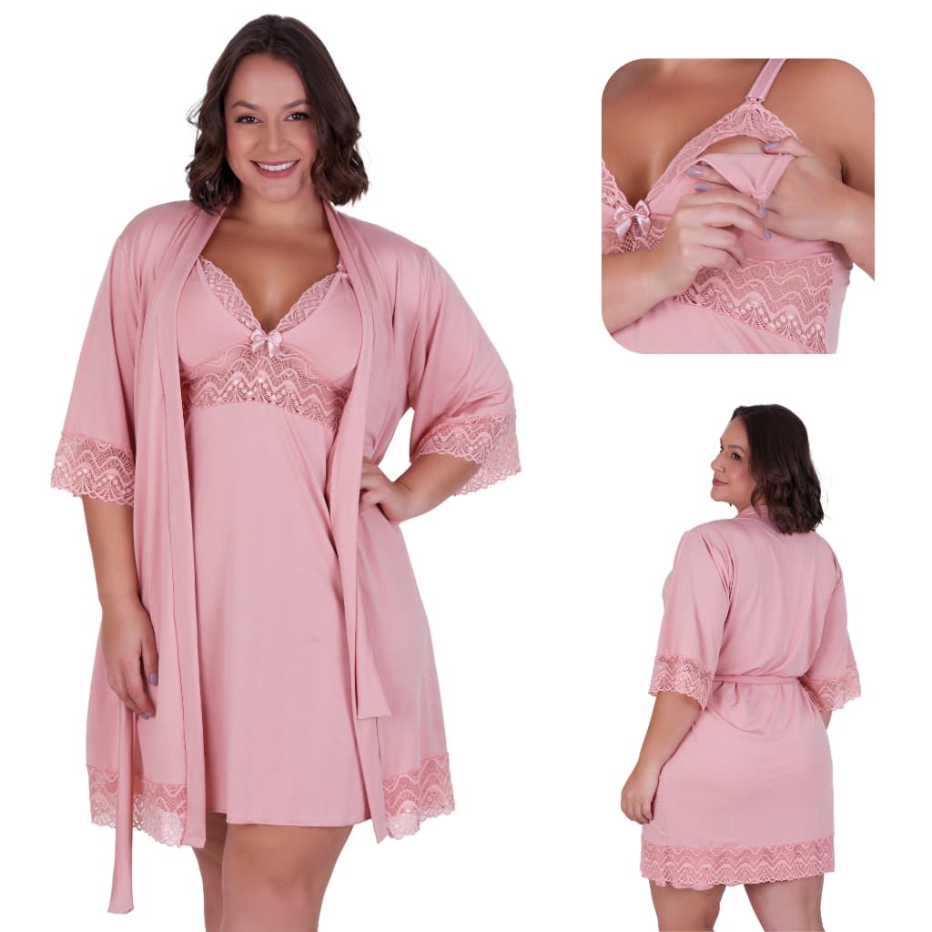 Kit Camisola Amamentação e Robe Plus Size Pós Parto Confortavel Saida Maternidade Gestante