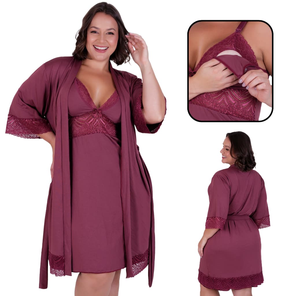 Kit Camisola Amamentação e Robe Plus Size Pós Parto Confortavel Saida Maternidade Gestante