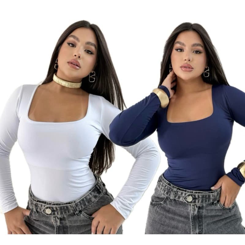 KIT 2 BLUSAS FEMININA MANGA LONGA SUPLEX COM TOQUE POLIAMIDA DECOTE QUADRADO MODA INVERNO SEGUNDA PELE BÁSICA