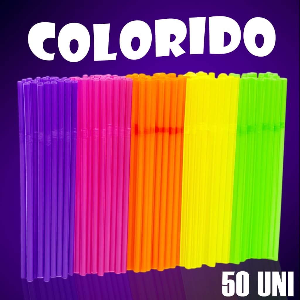 50 Canudos Neon Flexível Biodegradável Diversas Cores Drink