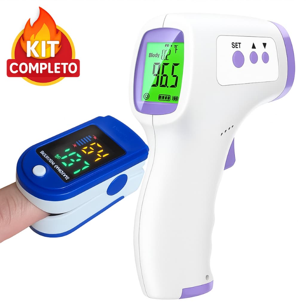 2 em 1! Kit Essencial p/ Família: Termômetro Laser p/ Febre e Bebê + Oxímetro Dedo Digital Preciso