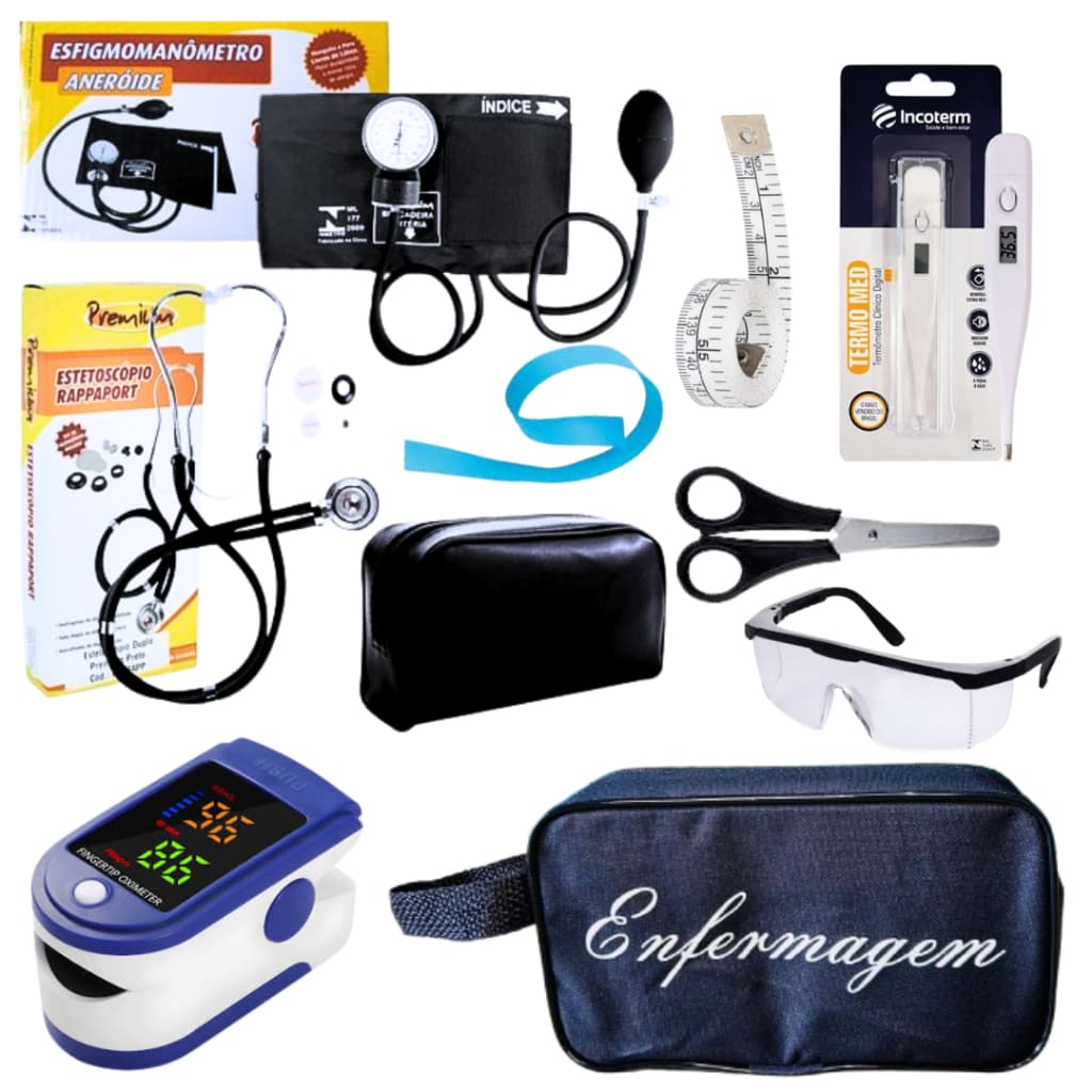 Kit Enfermagem Aparelho de Pressão + Estetoscópio Premium Completo + Oximetro + Nécessaire