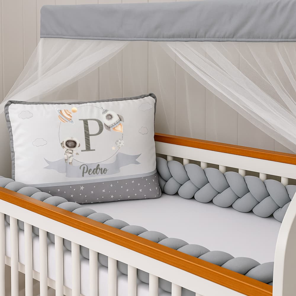 Kit Berço Americano Personalizado Menino Cabeceira c/ Nome Bordado + Trança 100% Algodão