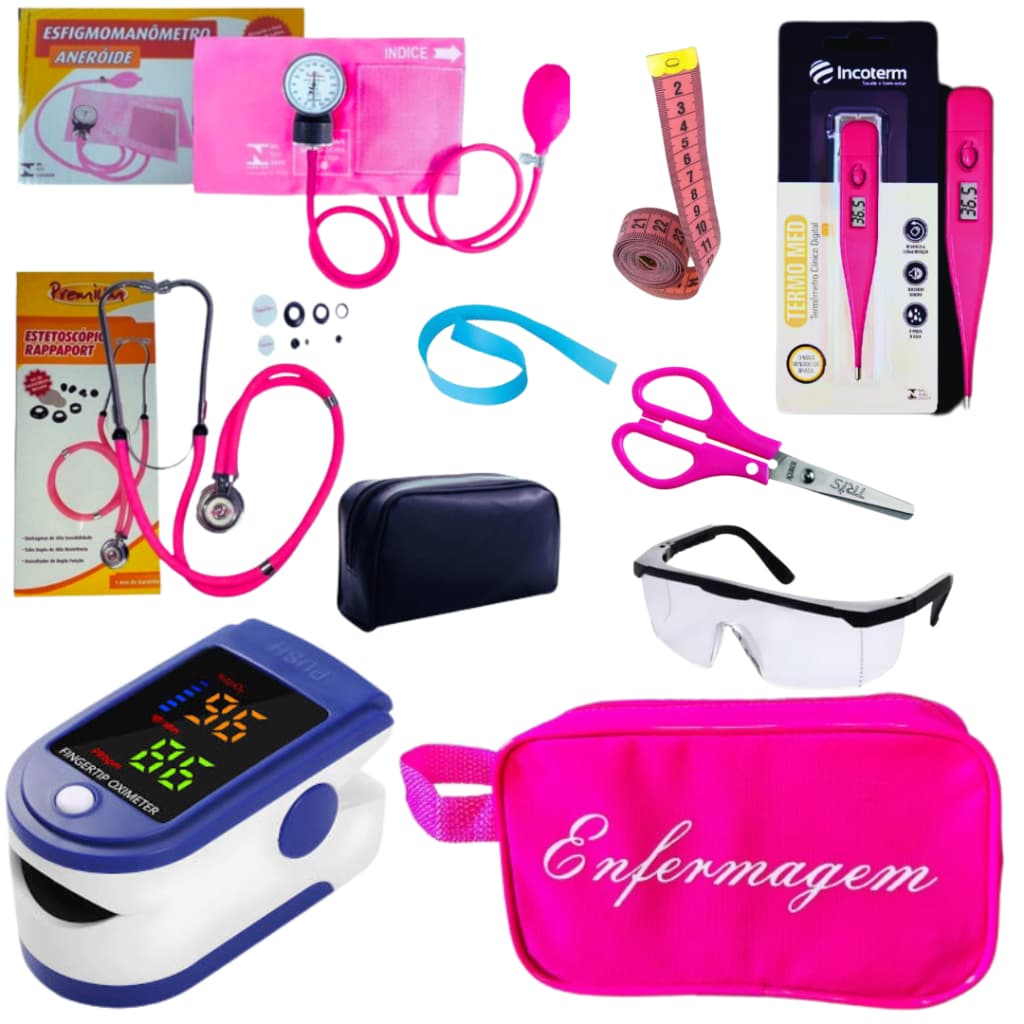 Kit Enfermagem Aparelho de Pressão + Estetoscópio Premium Completo + Oximetro + Nécessaire Vinho